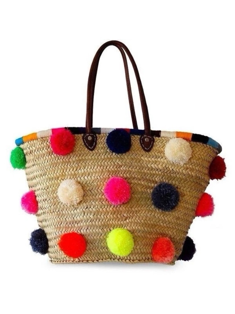 Soeur Du Maroc Marrakech Multi Colored Pom Pom Straw Tote Beach Market Bag XL